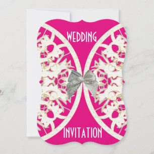 Pink and white lace paper cut damask wedding invitation