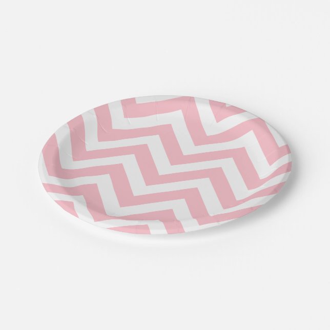 Pink and White Large Size Chevron Stripes Paper Plate (Angled)