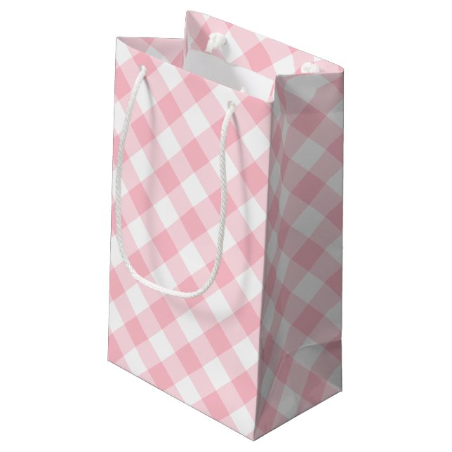 Pink and White Large Size Diagonal Gingham Checks Small Gift Bag (Back Angled)