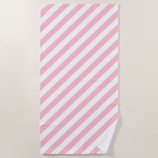 Pink and White Large Size Diagonal Stripes Beach Towel (Front)