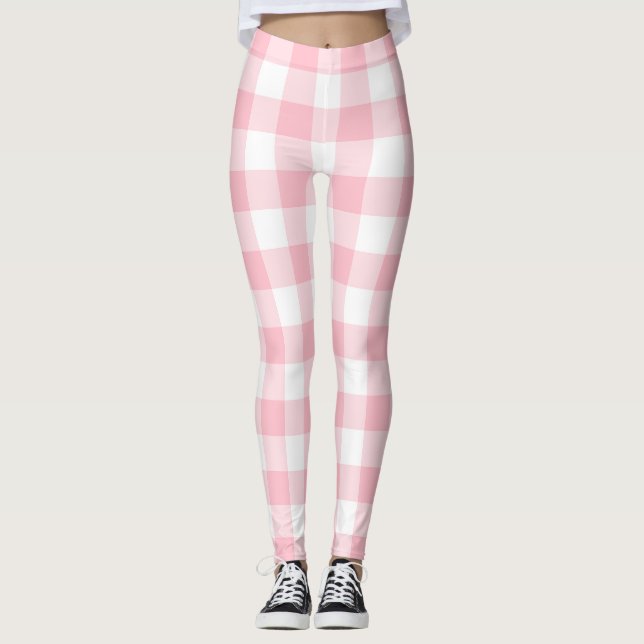 Pink and White Large Size Gingham Checks Leggings (Front)