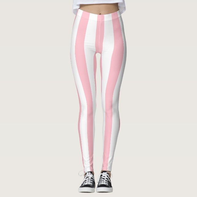 Pink and White Large Size Vertical Stripes Leggings (Front)