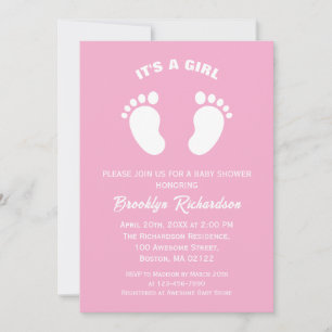 Pink And White Little Feet Its A Girl Baby Shower Invitation