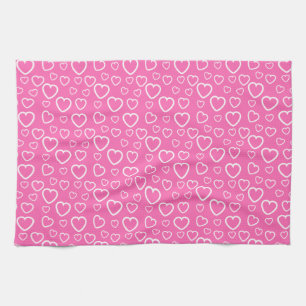 Pink and White Love Hearts Pattern Tea Towel