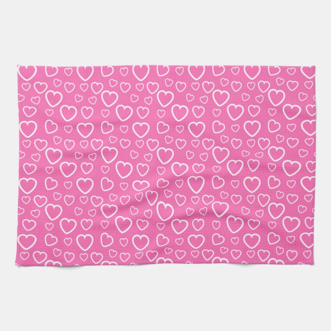 Pink and White Love Hearts Pattern Tea Towel (Horizontal)