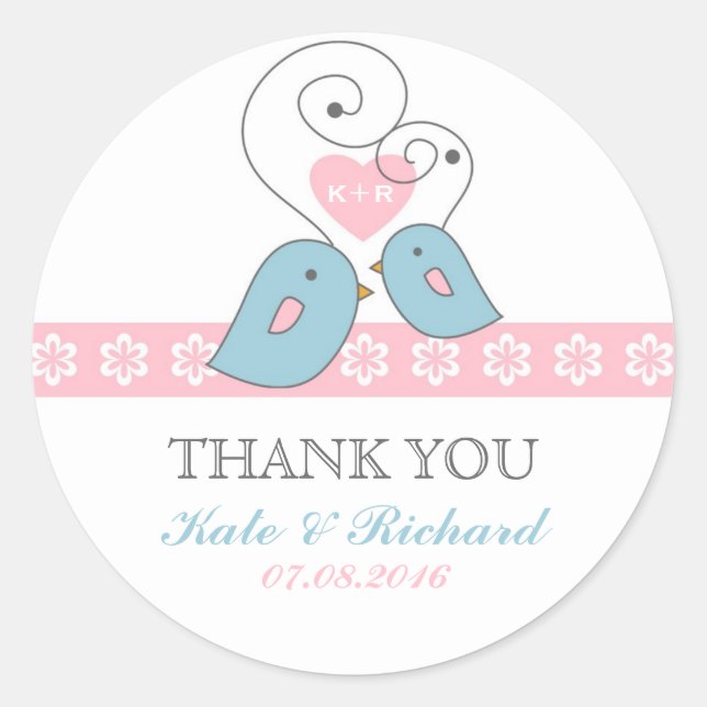 Pink and White Lovebirds Wedding Favour Sticker (Front)