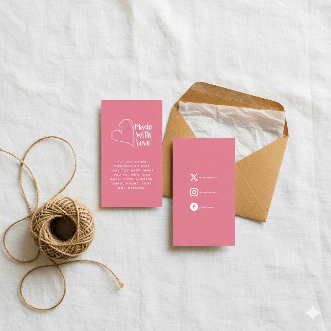 Pink and white made with love heart social links enclosure card (Pink and white made with love heart social links enclosure card.)