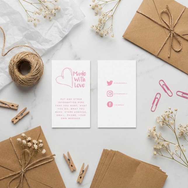 Pink and white made with love heart, social links enclosure card (Pink and white made with love heart, social links enclosure card)