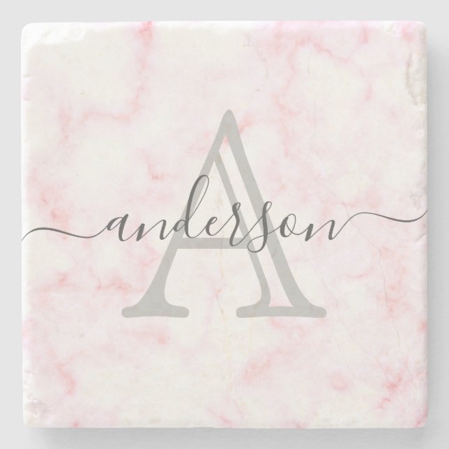 Pink and White Marble | Monogram Script Stone Coaster (Front)