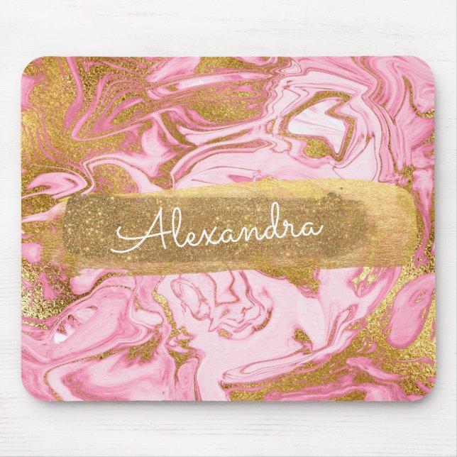 Pink and White Marble with Gold Foil and Glitter Mouse Mat (Front)