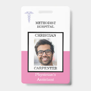 Pink and White Medical Facility Photo Name ID Badge