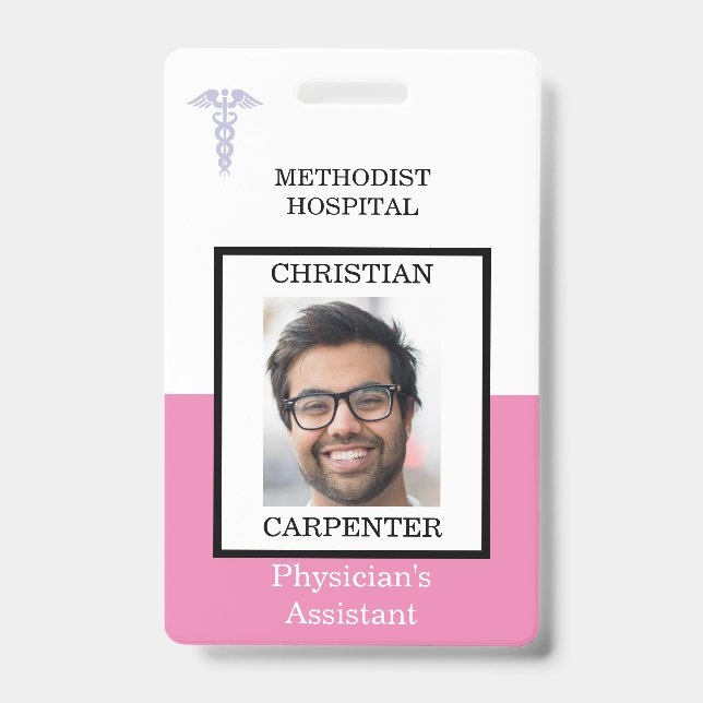 Pink and White Medical Facility Photo Name ID Badge (Front)