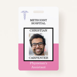 Pink and White Medical Facility Photo Name ID Badge