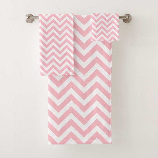 Pink and White Medium Horizontal Chevron Stripes Bath Towel Set (Insitu)