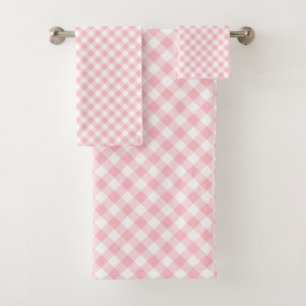 Pink and White Medium Size Diagonal Gingham Checks Bath Towel Set