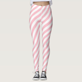 Pink and White Medium Size Diagonal Stripes Leggings