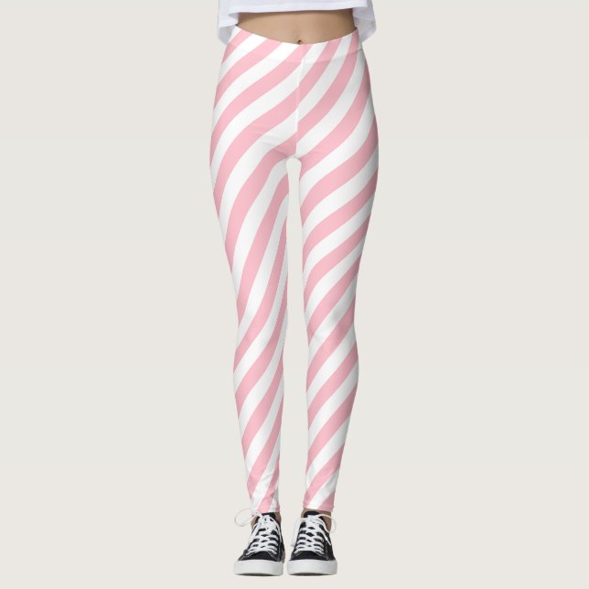 Pink and White Medium Size Diagonal Stripes Leggings (Front)