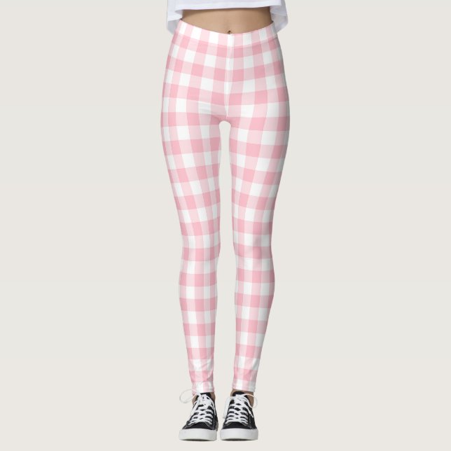 Pink and White Medium Size Gingham Checks Leggings (Front)