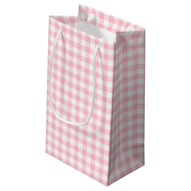 Pink and White Medium Size Gingham Checks Small Gift Bag (Back Angled)