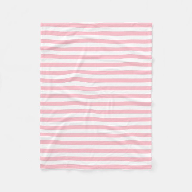 Pink and White Medium Size Horizontal Stripes Fleece Blanket (Front)