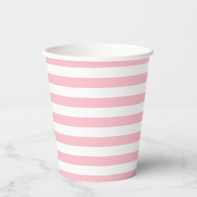 Pink and White Medium Size Horizontal Stripes Paper Cups (Front)