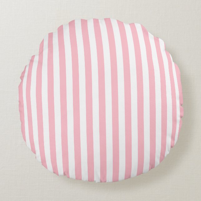 Pink and White Medium Size Stripes Round Cushion (Front)