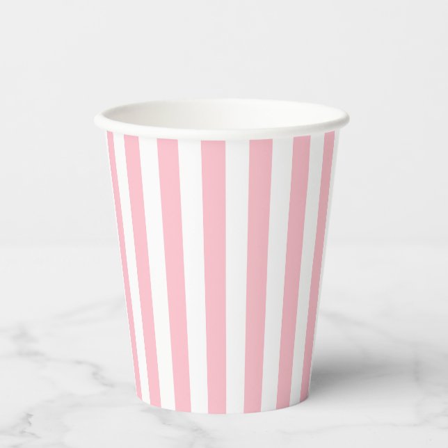 Pink and White Medium Size Vertical Stripes Paper Cups (Front)