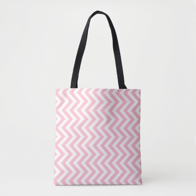 Pink and White Medium Vertical Chevron Stripes Tote Bag (Front)