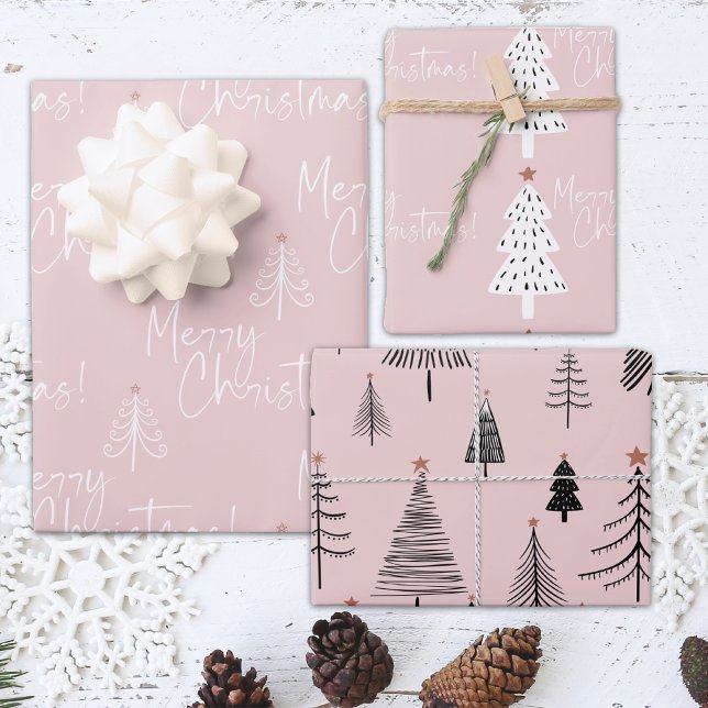 Pink and White Merry Christmas Tree  Wrapping Paper Sheet (Creator Uploaded)