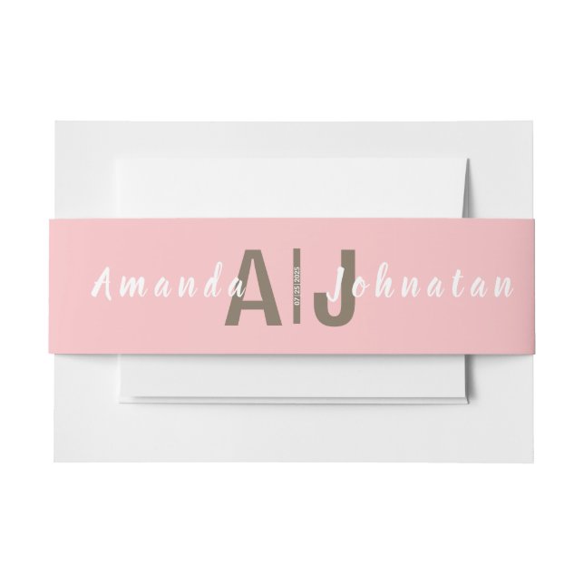 Pink and White Modern Monogram Wedding  Invitation Belly Band (Front Example)