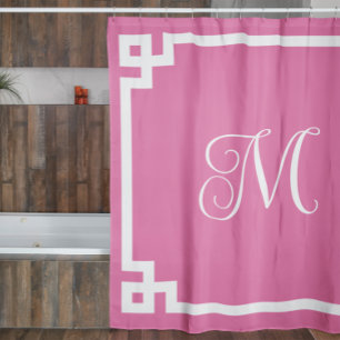 Pink and White Monogram Greek Key Border Shower Curtain