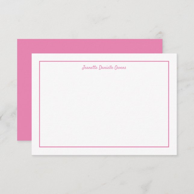 Pink and White Monogrammed Flat Note Card (Front/Back)