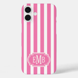 Pink and White Monogrammed Stripes iPhone 16 Plus Case