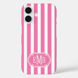 Pink and White Monogrammed Stripes iPhone 16 Case