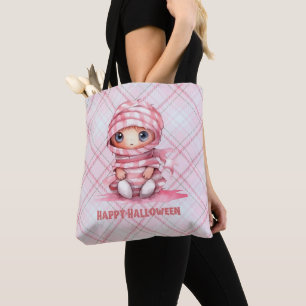 Pink and White Mummy Pink Plaid Halloween Tote Bag
