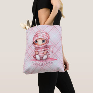 Pink and White Mummy Pink Plaid Halloween Tote Bag