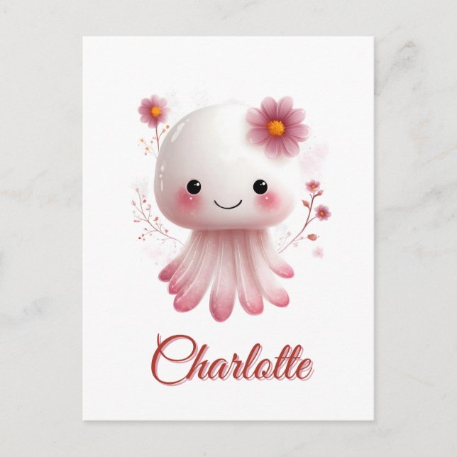 Pink and White Octtopus Character with Custom Name Postcard (Front)