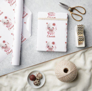Pink and White Octtopus Character with Custom Name Wrapping Paper