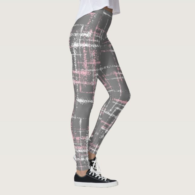 pink and white on grey abstract crisscross pattern leggings (Right)