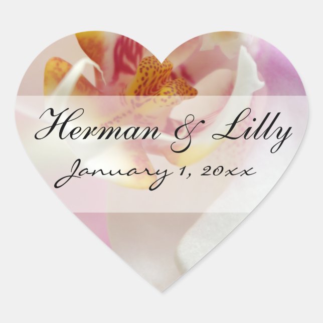 Pink and White Orchid Personalised Wedding Heart Sticker (Front)