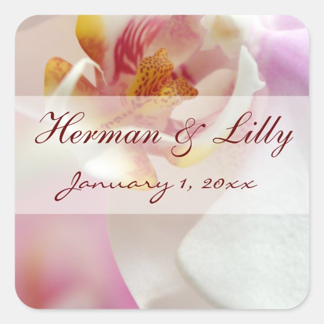 Pink and White Orchid Personalised Wedding Square Sticker (Front)