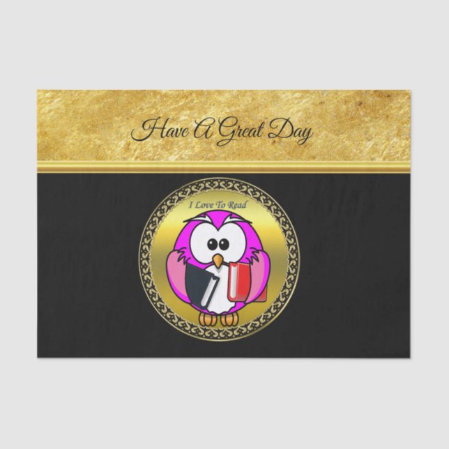 Pink and white owl holding school books to read tissue paper (Front)