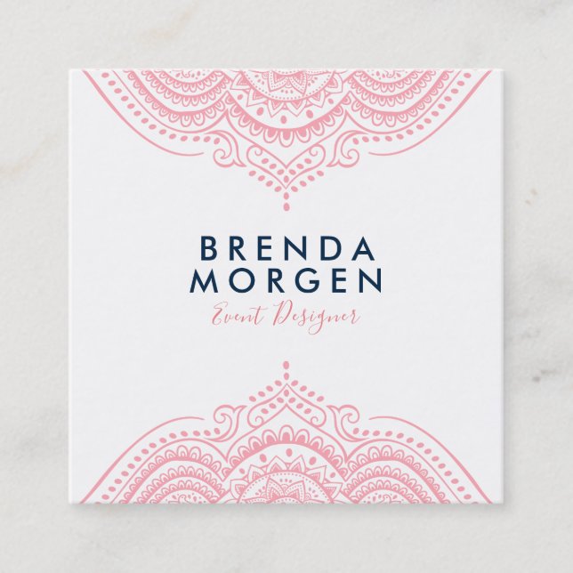 Pink and white paisley mandala square business card (Front)