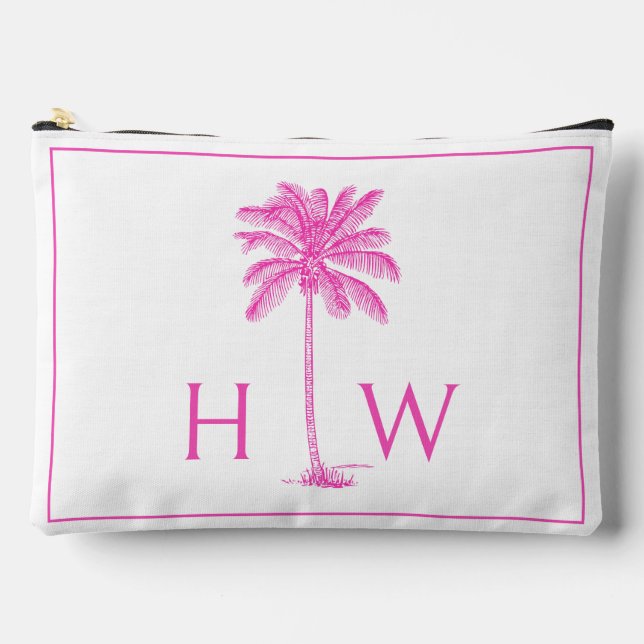 Pink and White Palm Palmetto Tree Monogram Accessory Pouch (Front)