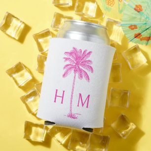 Pink and White Palm Palmetto Tree Monogram Can Cooler