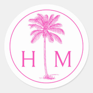 Pink and White Palm Palmetto Tree Monogram Classic Round Sticker