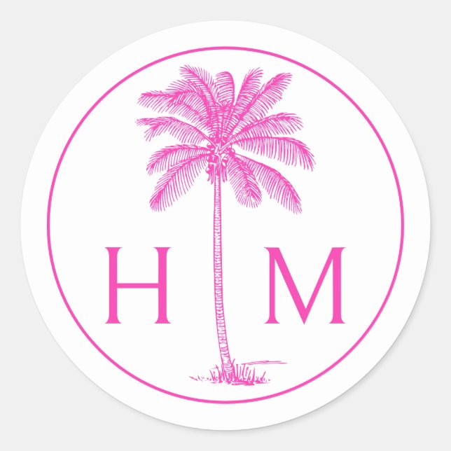 Pink and White Palm Palmetto Tree Monogram Classic Round Sticker (Front)