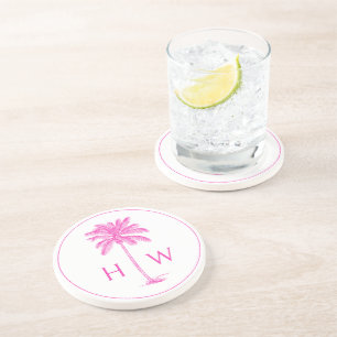 Pink and White Palm Palmetto Tree Monogram Coaster