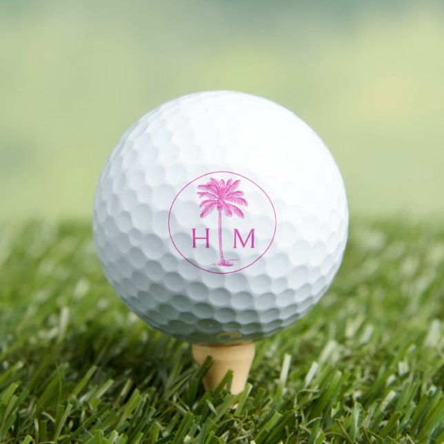 Pink and White Palm Palmetto Tree Monogram Golf Balls (Insitu Tee)