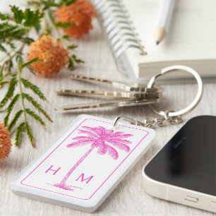 Pink and White Palm Palmetto Tree Monogram Key Ring